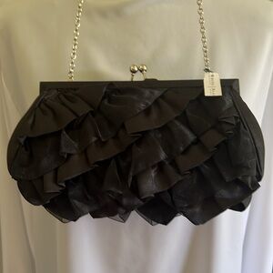 NWT: White House Black Market Ruffle Clutch Evening Bag, 21” silver chain, satin